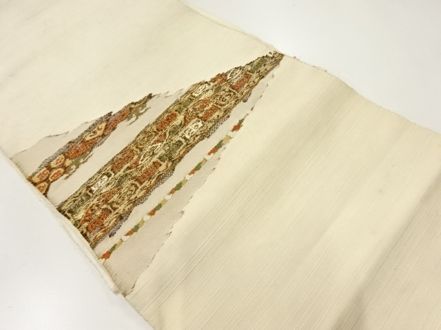 アンティーク　手織り紬霞に花模様織出し名古屋帯